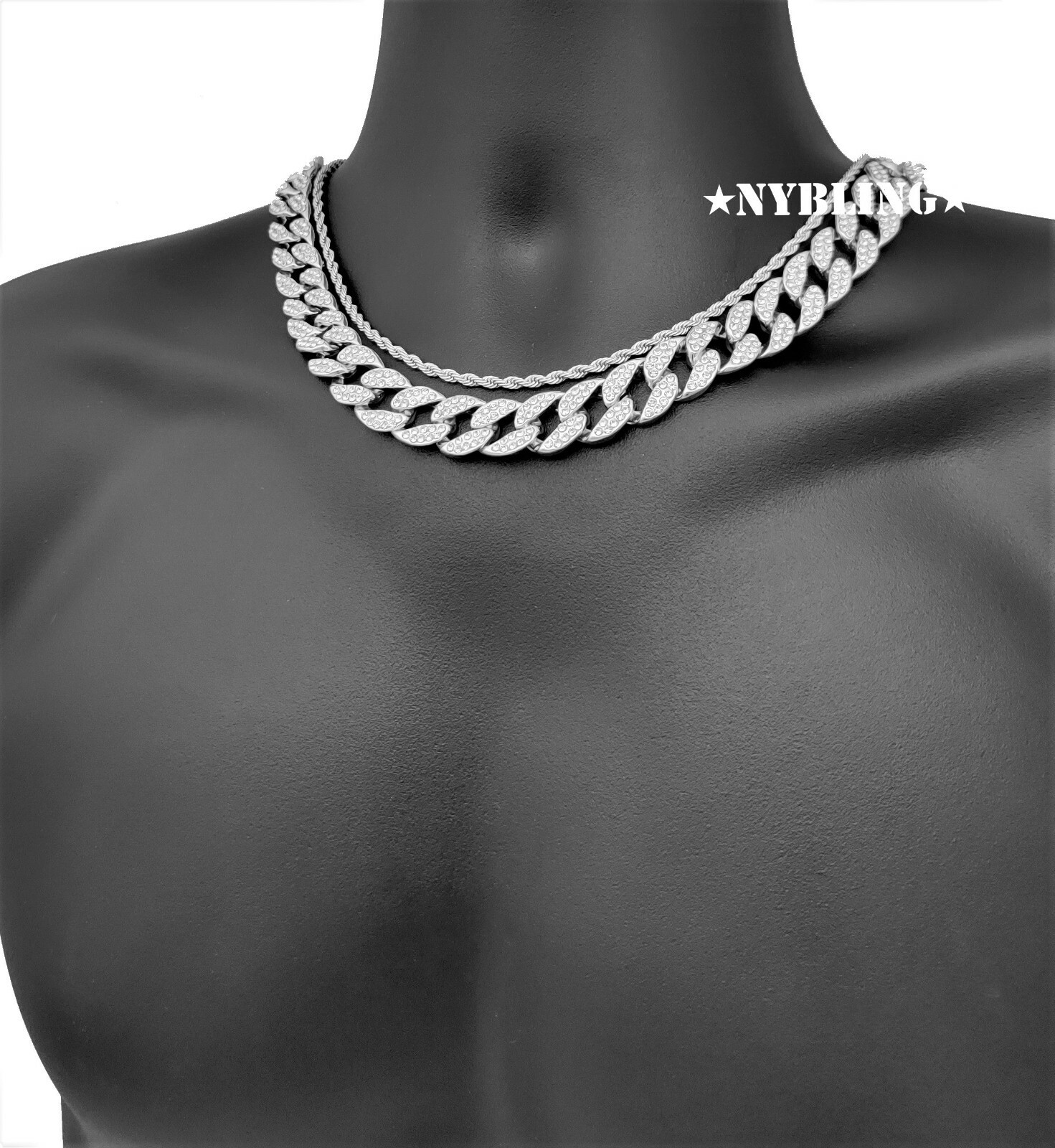 COMBO Miami Cuban Choker Chain Necklace & Rope Chain Plated CZ Hip Hop Jewelry