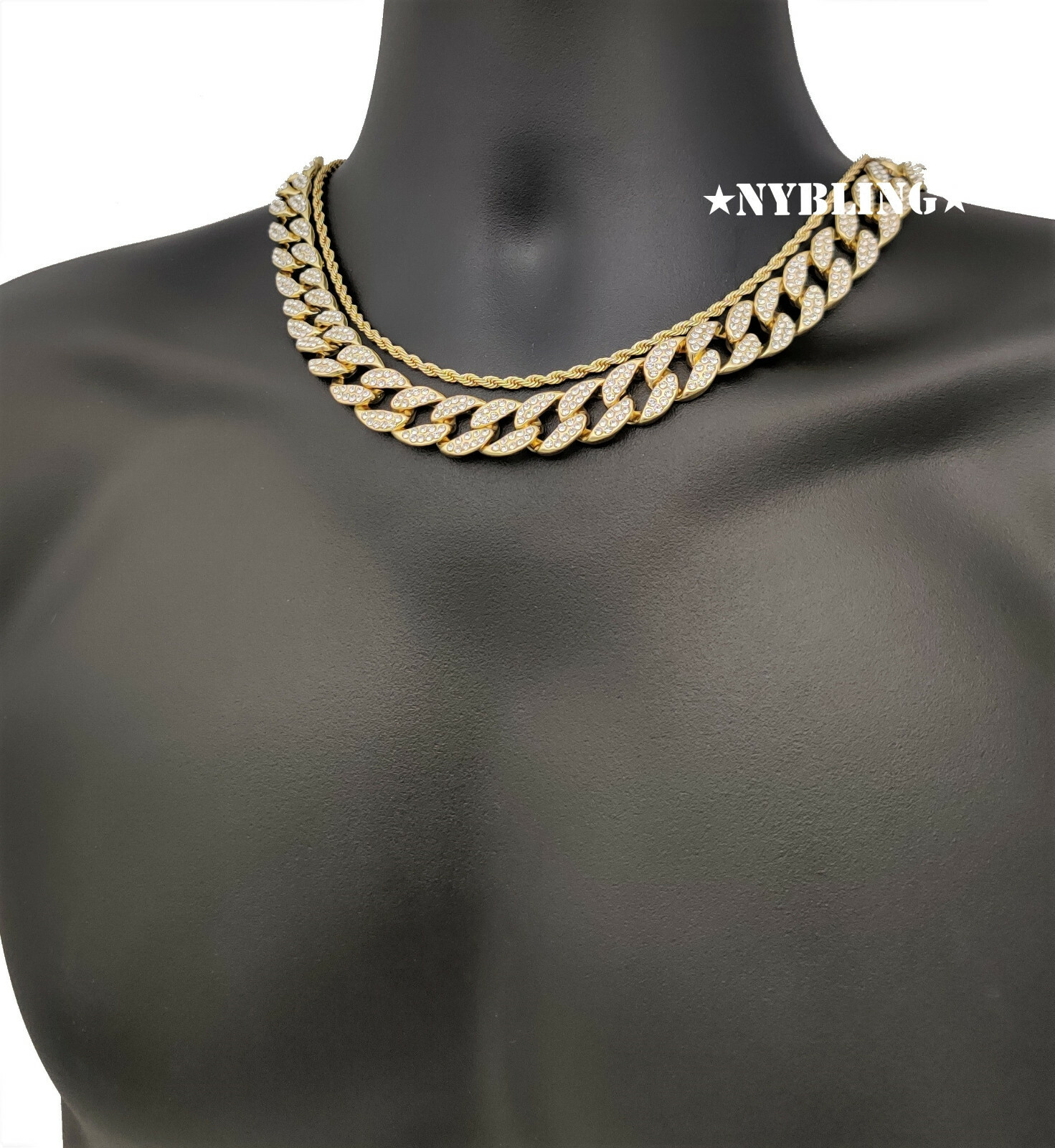 COMBO Miami Cuban Choker Chain Necklace & Rope Chain Plated CZ Hip Hop Jewelry