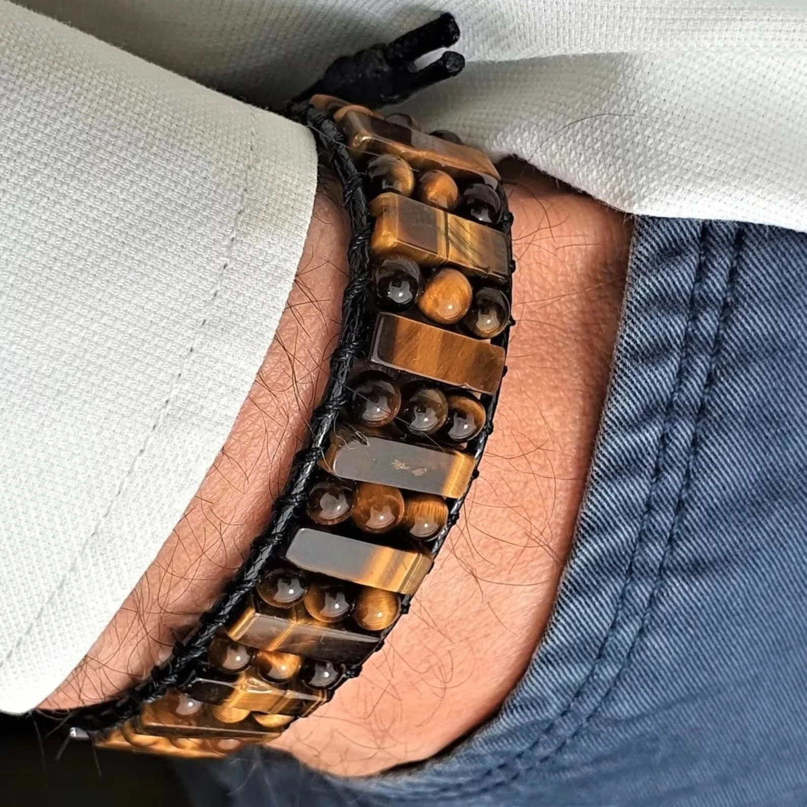 Natural Tiger Eye Stone Bracelet Men Braided Genuine Leather Cuff Protection Gif