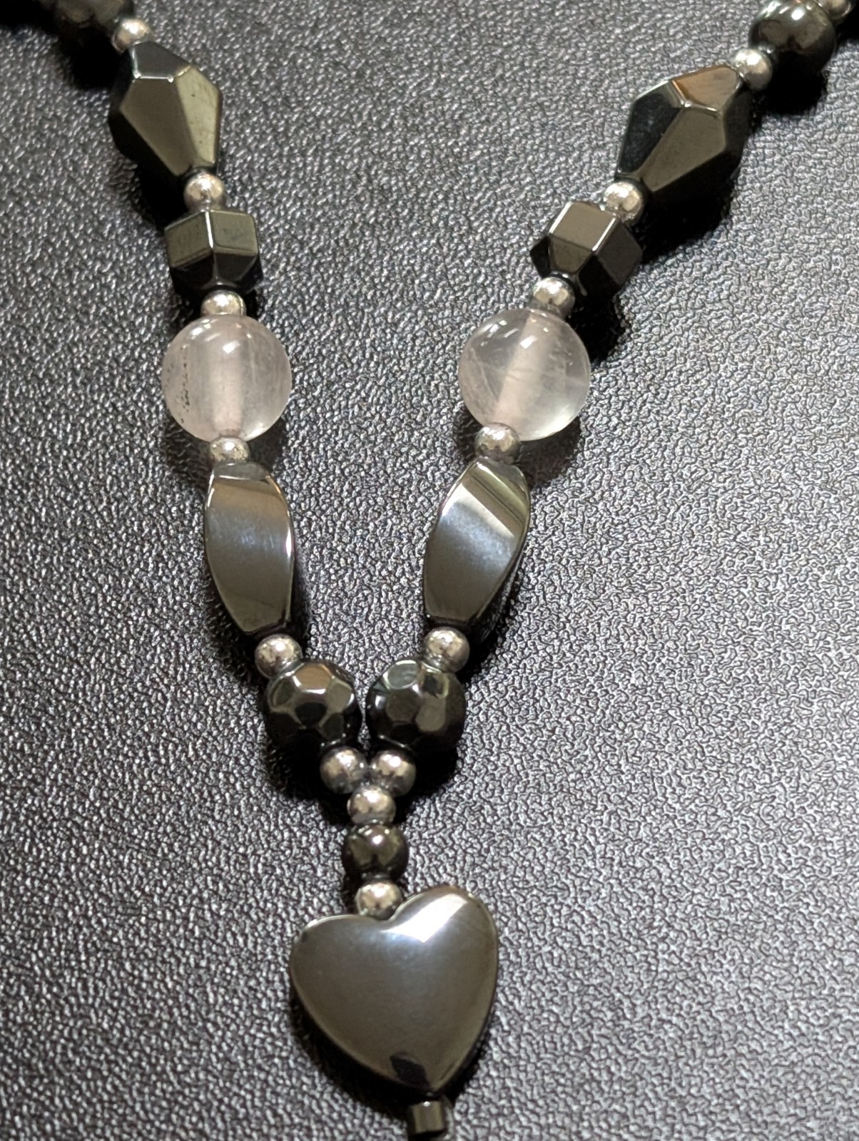 Hematite & Clear Quartz Heart Pendant Y Necklace + Bonus Cat’s Eye Bracelet Lot