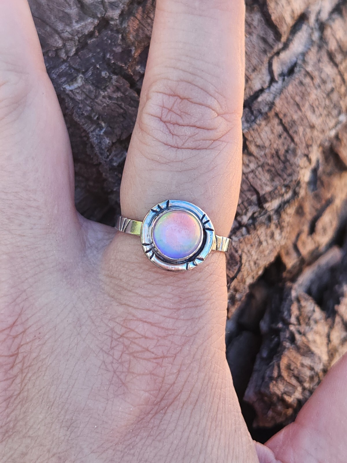Aurora Opal Handmade Sterling Silver 925 Round Ring, Size 9 Pink Purple