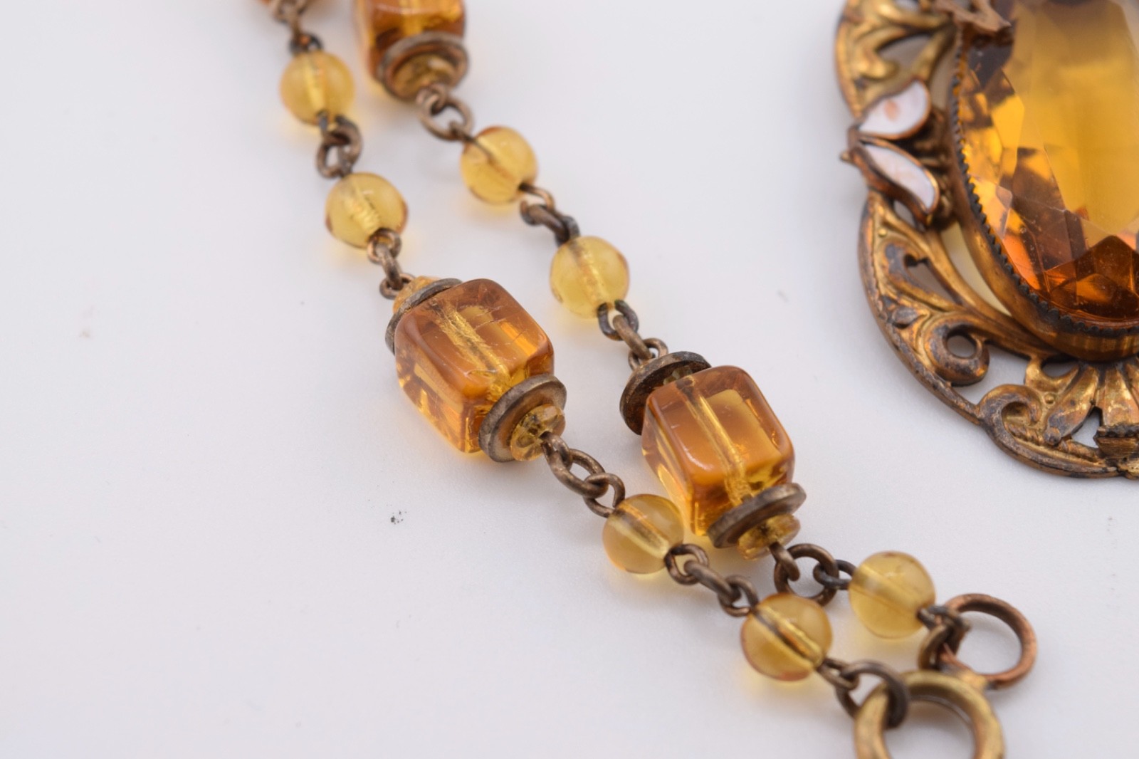 Antique Czech Necklace / Choker with Amber Colored Glass and White Enamel Accent