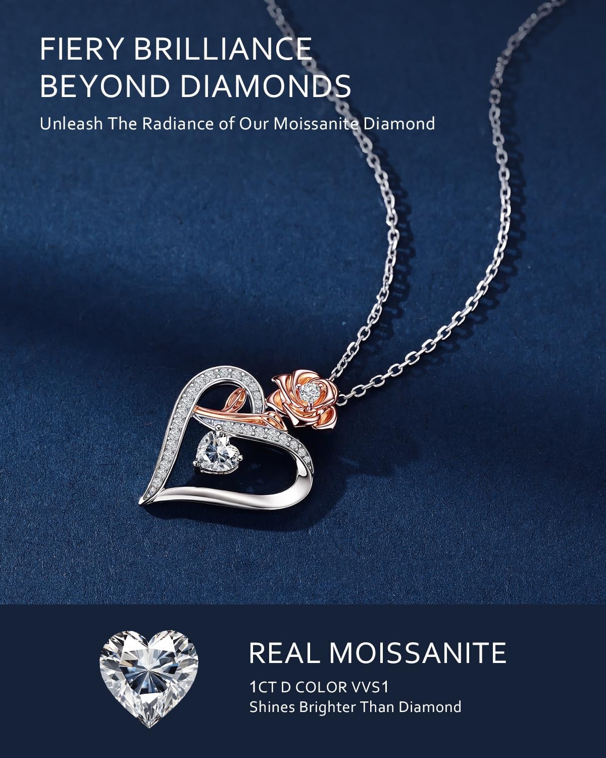 Moissanite Necklace for Women, Sterling Silver Rose Heart Pendant Necklace, R…
