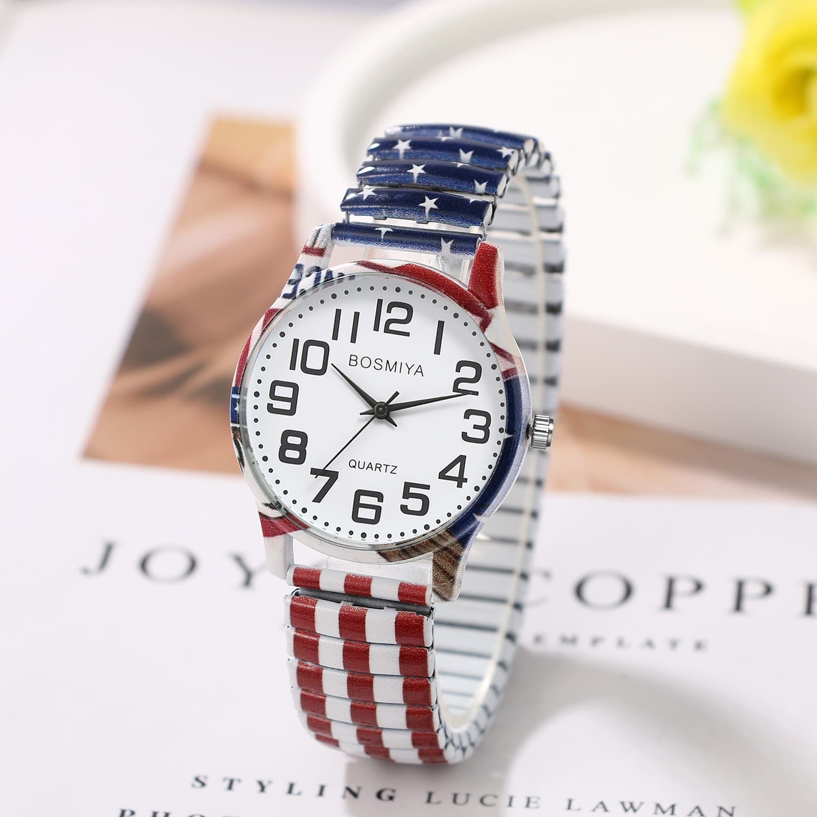 Men Women USA 250th Anniversary Stainless Steel Printed Elastic Band Wrist Watch
