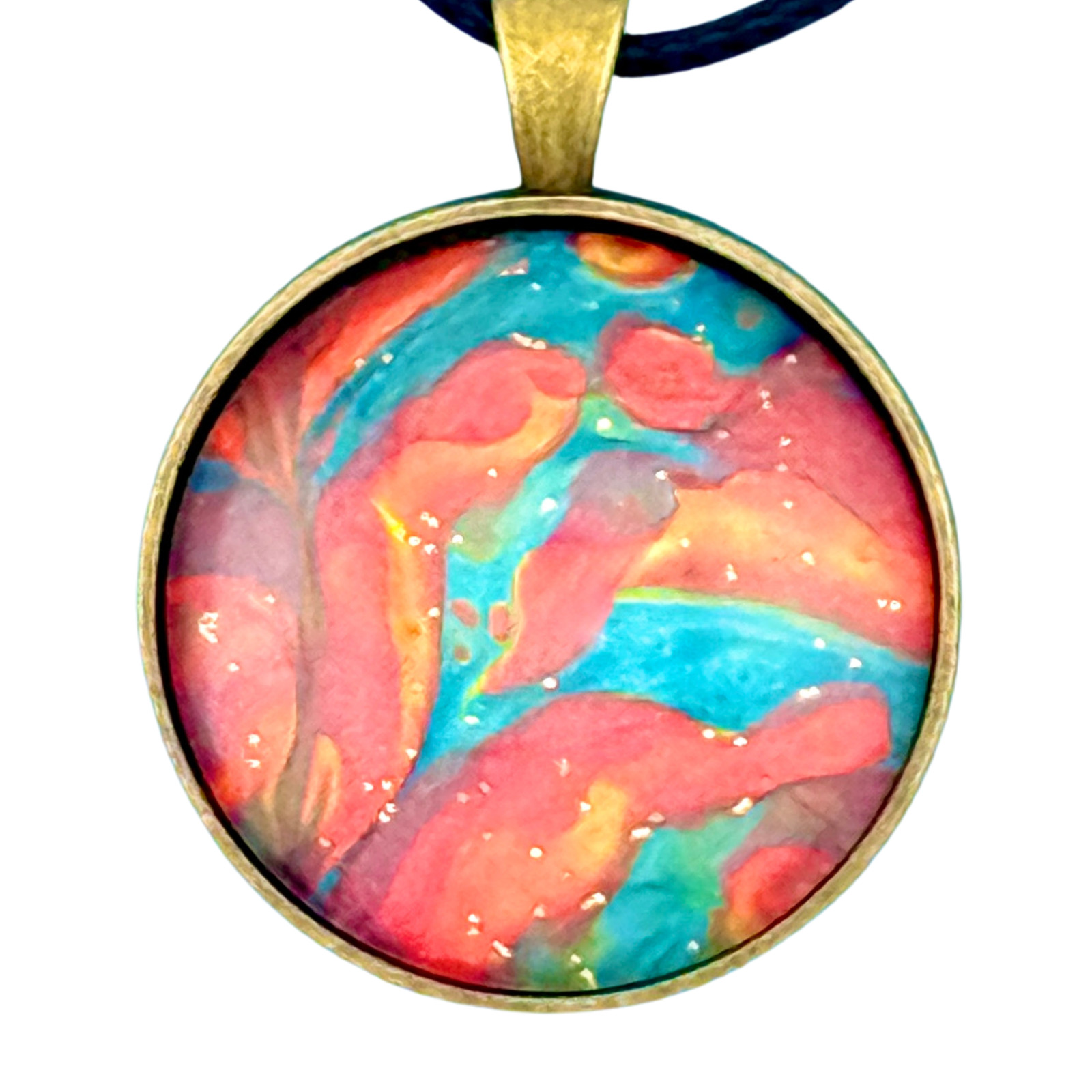 Pendant Necklace Handmade “Coral Ocean” Brass Bezel 30mm Black Cord