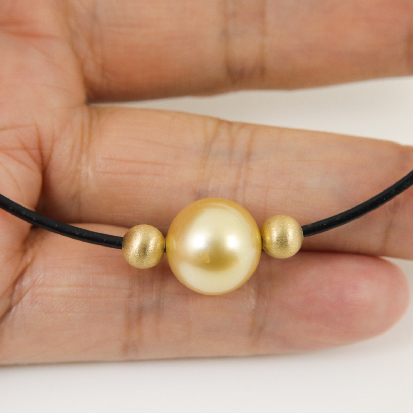 13.3mm Genuine Golden South Sea Pearl Leather Necklace, Solid 14K Gold #105LN