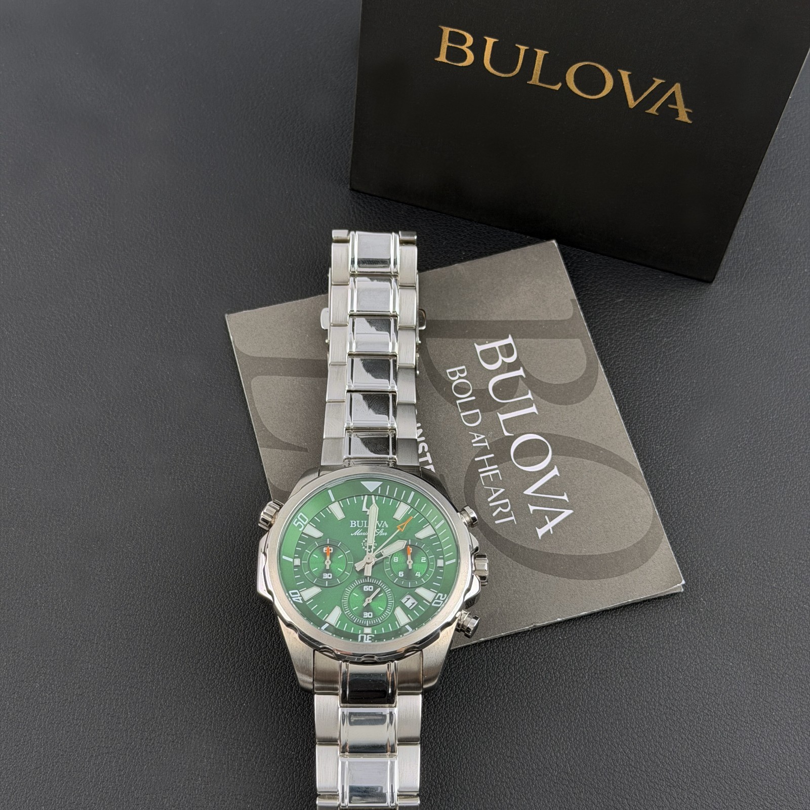 Men’s Bulova Marine Star Green Dial Chronograph 96B396 Quartz New Watch 43mm