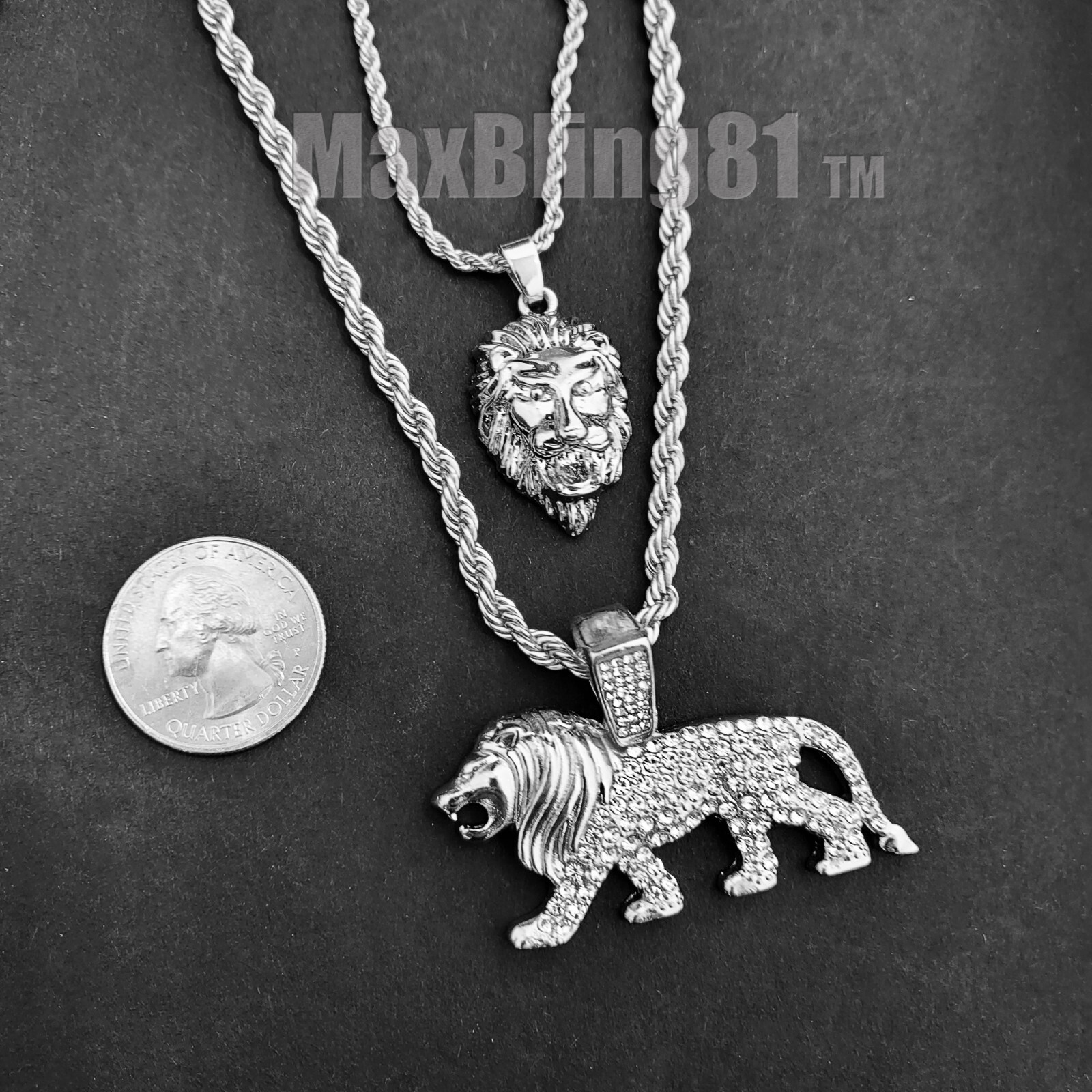 Silver Plated Alloy Cubic Zirconia LION Charm 24″ Rope Chain Hip Hop 2 Necklace