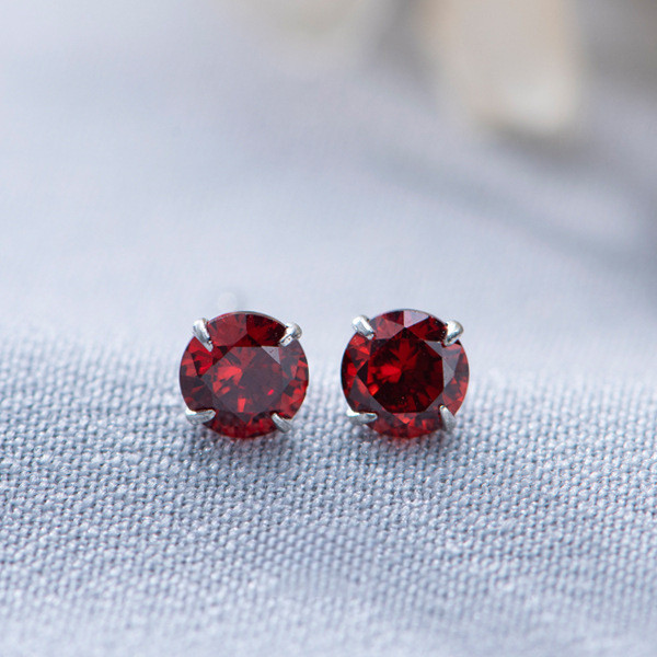999 Sterling Silver Sparkling Burgundy Round Solitaire CZ Mini Stud Earrings