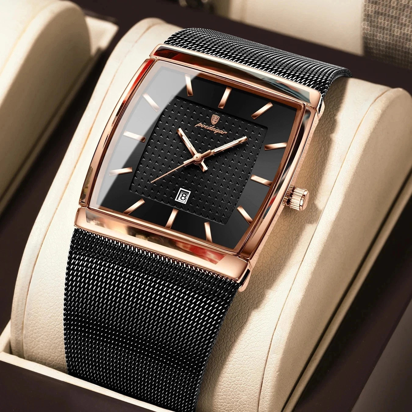 Luxury Men’s Watch Rectangle Steel Mesh Waterproof Luminous Date Quartz