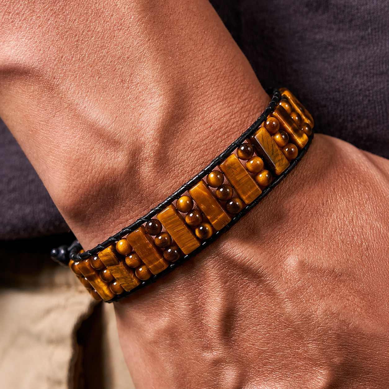 Natural Tiger Eye Stone Bracelet Men Braided Genuine Leather Cuff Protection Gif