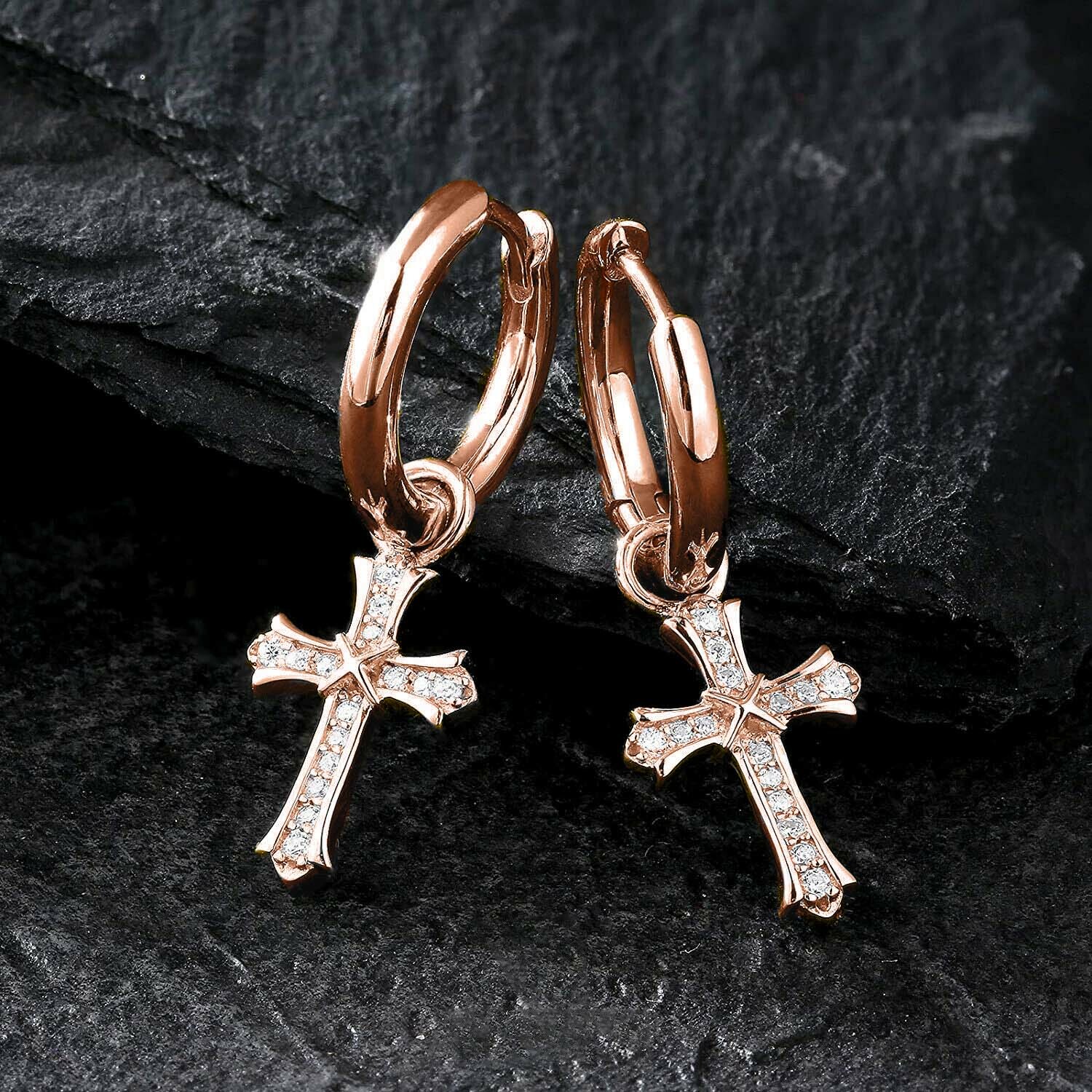 Men & Women 18K Rose Gold Plated CZ Cross Leverback Huggie Hoop Drop Earrings