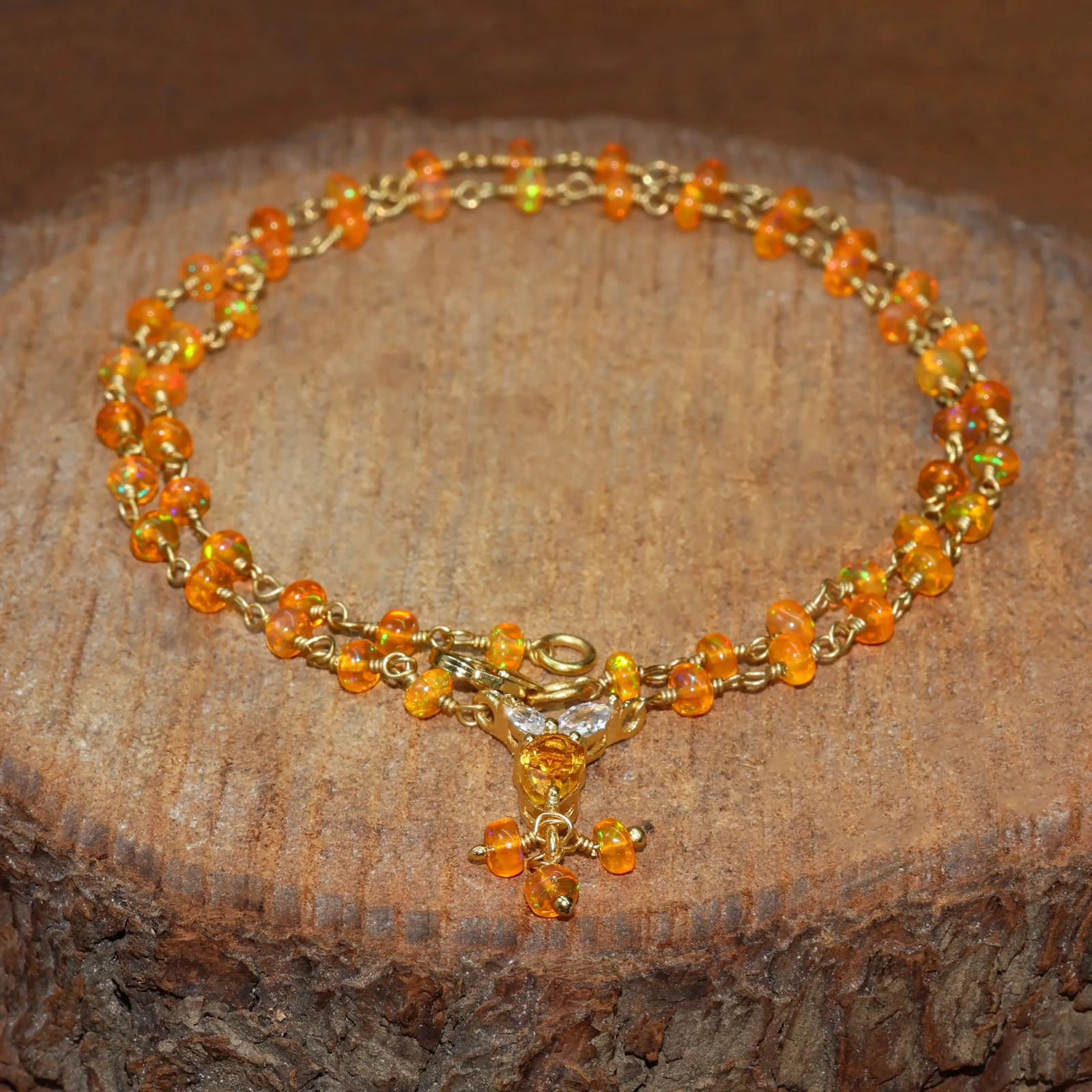 Orange Opal Necklace with Citrine Drop, Beaded Chain Jewelry, Bright Gemstone