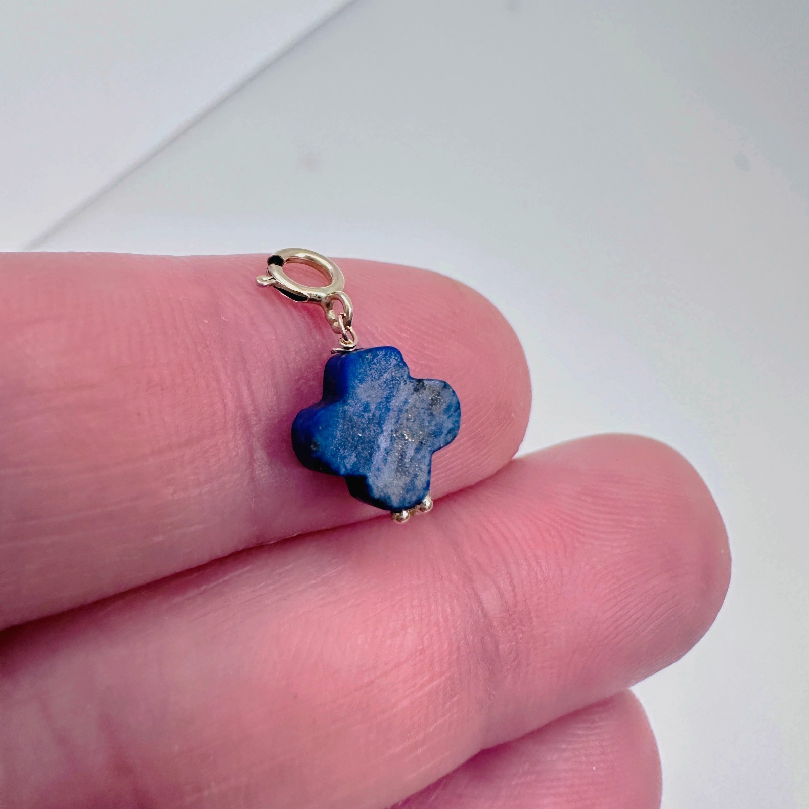 14K Solid Yellow Gold Lapis Lazuli Clover Small Charm Pendant w/Spring Clasp