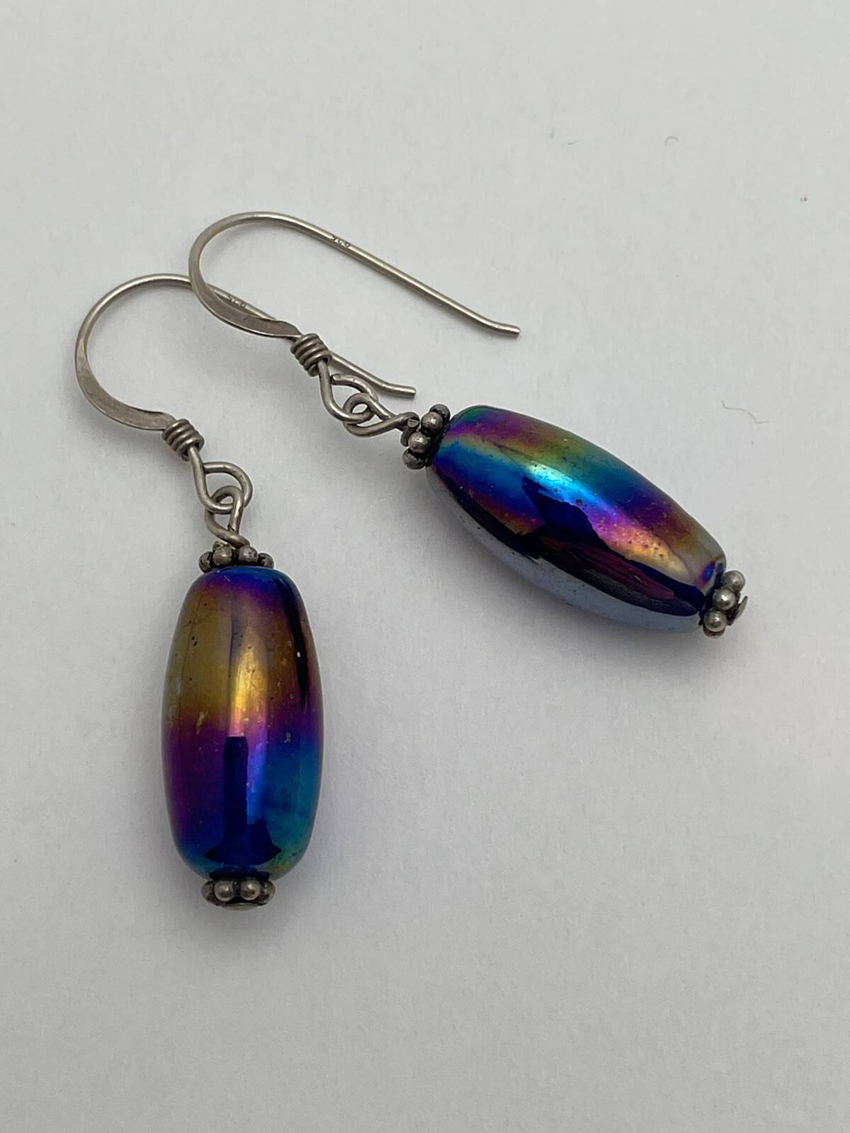 Rainbow Oil Slick Dangle Earrings Sterling Silver Hook Blue Drop