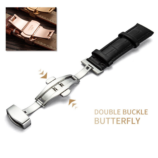 12-24MM Watch Band Strap Genuine Leather Deployment Clasp Buckle Black