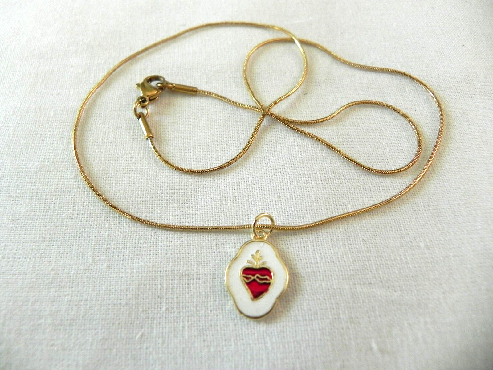 Sacred Heart of Jesus enamel pendant necklace Small medal charm gold tone