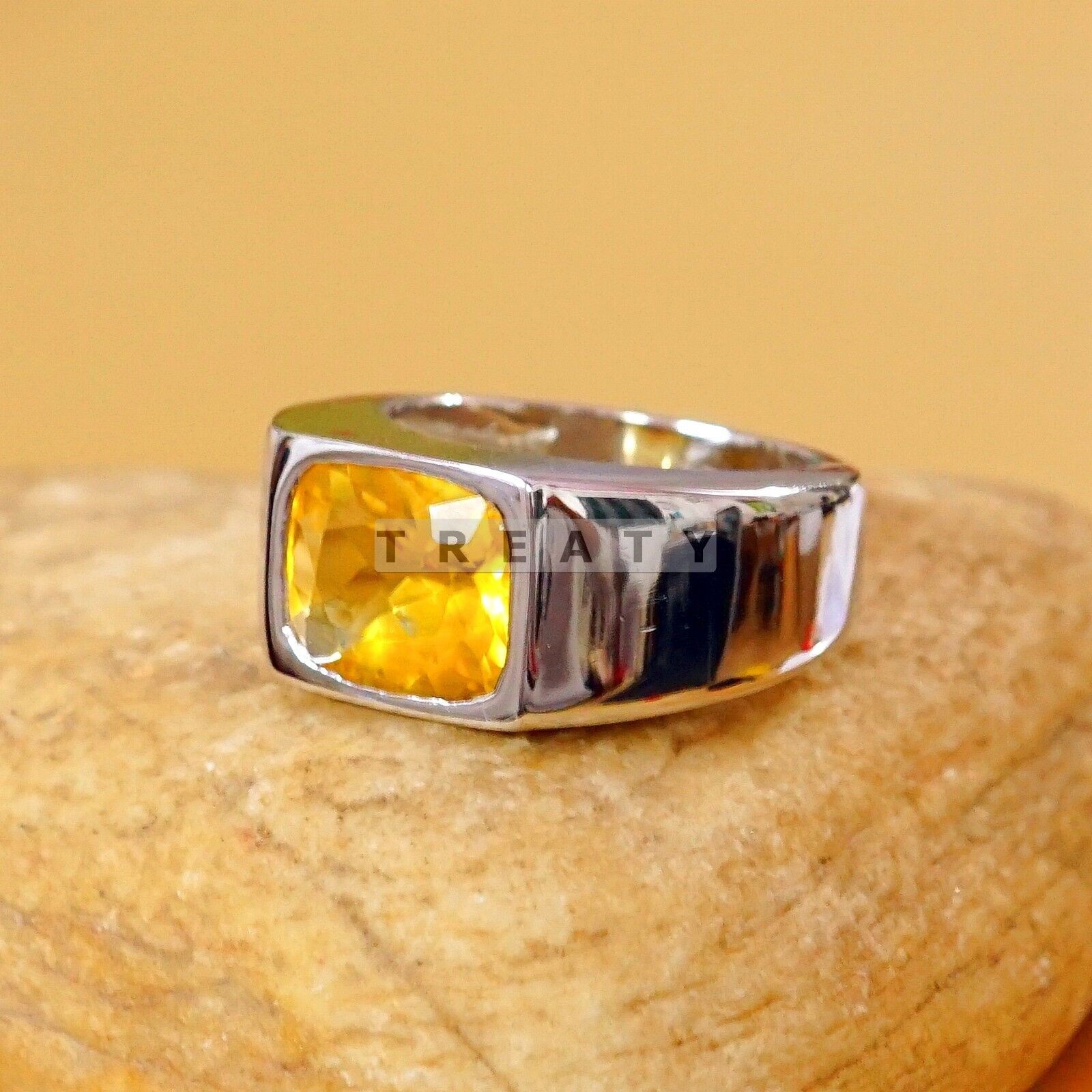Citrine Cushion Cut With 925 Sterling Silver Gold Plated Ring For Men’s #B793