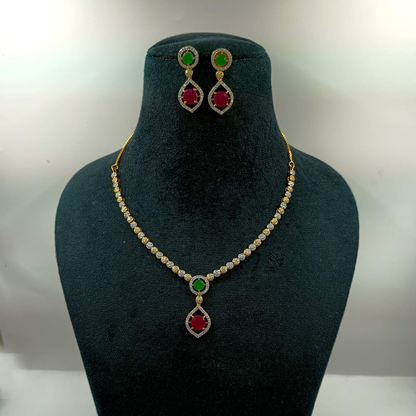 Round Stone Ruby Emerald Necklace Set 22k Gold Plated South Indian Jewelry