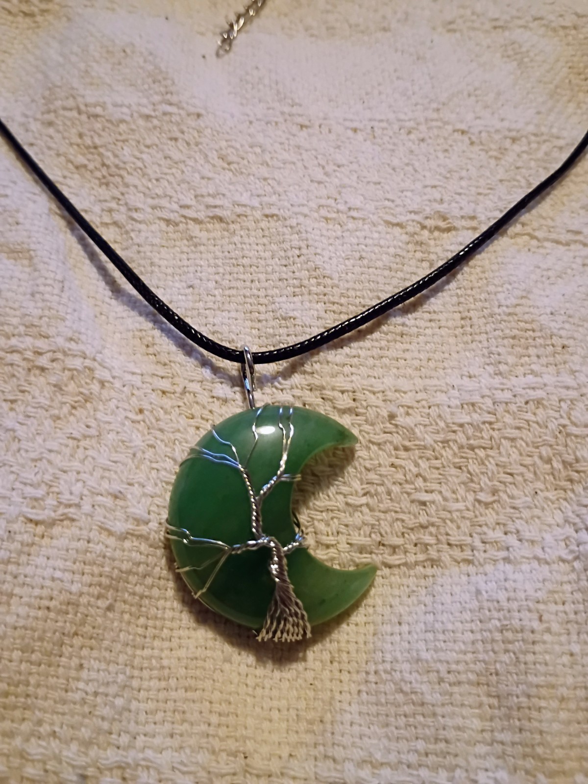 Green Aventurine Crescent Moon Tree of Life pendant Black Cord