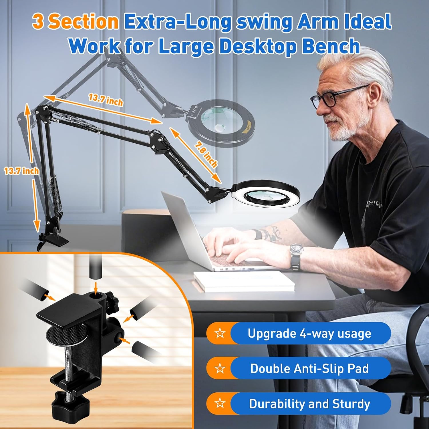 Ultra Long 3-Section Swing Arm 12X 30X Magnifying Glass with Light and Stand, 4-