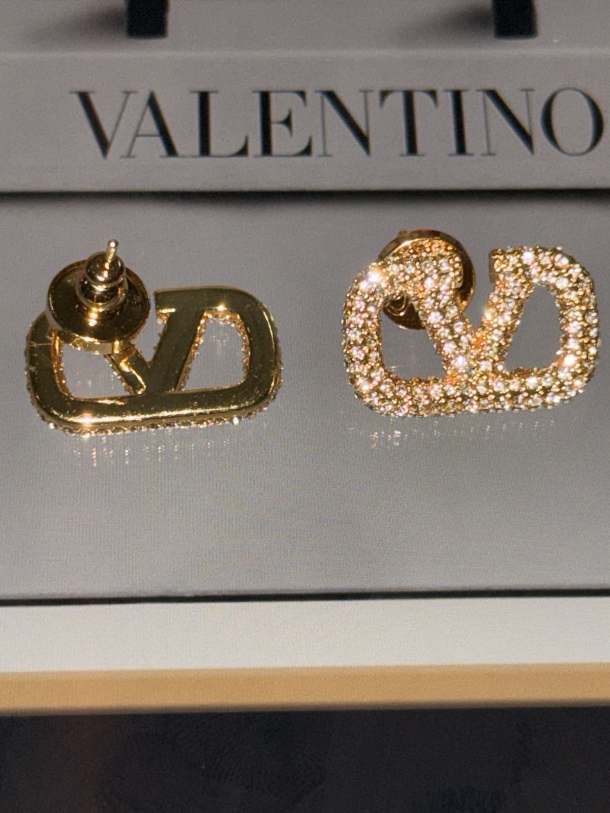 Valentino VLogo Pavé Crystal Gold Tone Stud Earrings, Butterfly Back Signed