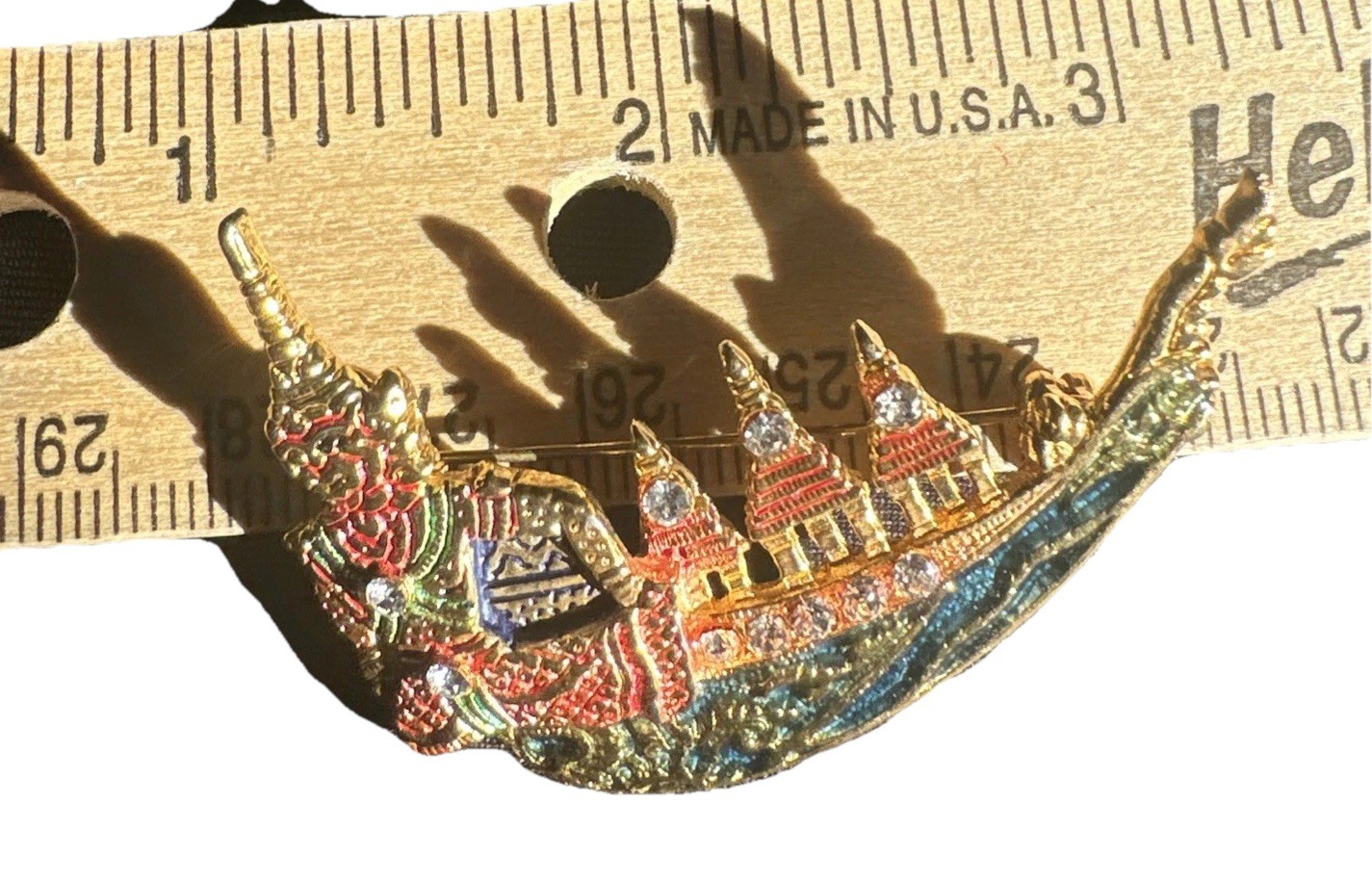 Brooch Pin Siam Gondola Thai Gold Rhinestones Enameled Vintage 2.5″