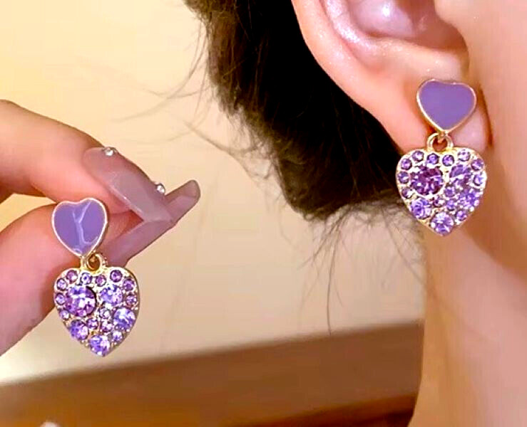 Beautiful Purple HEART Street Fashion LOVE Rhinestone Betsey Johnson Earrings