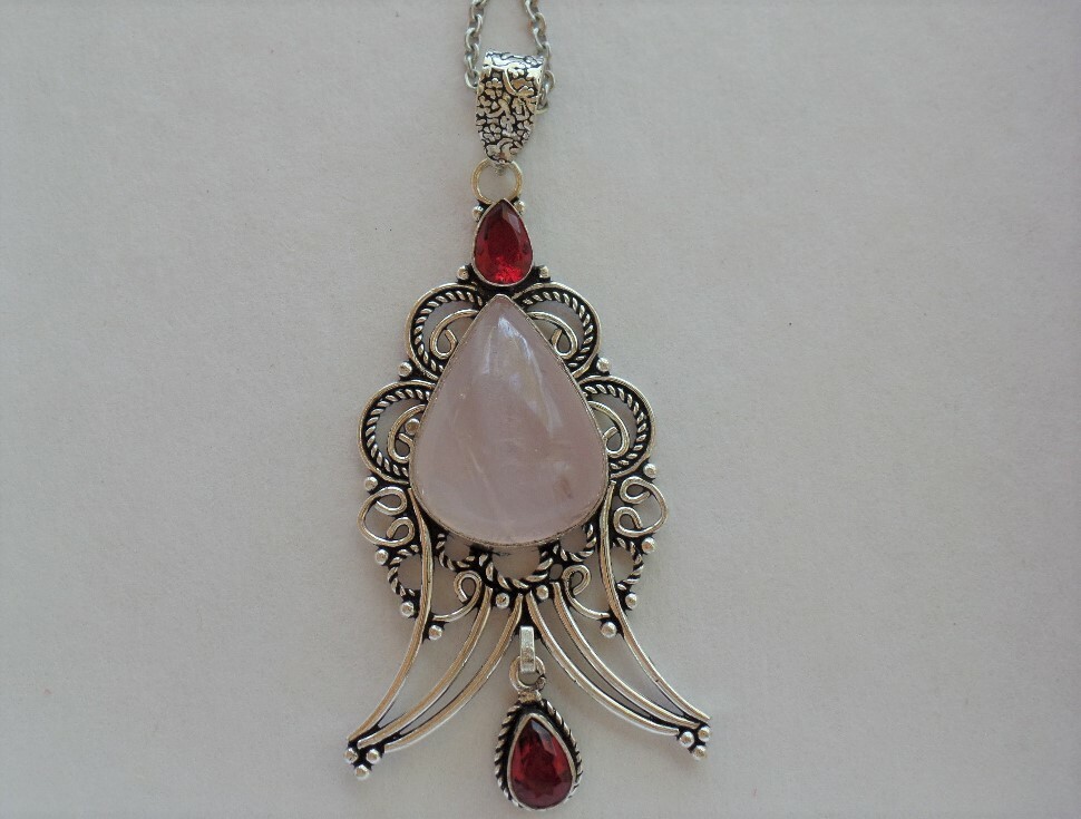 Red Garnet 925 Silver Plated Pendant Necklace Natural Stone 40″