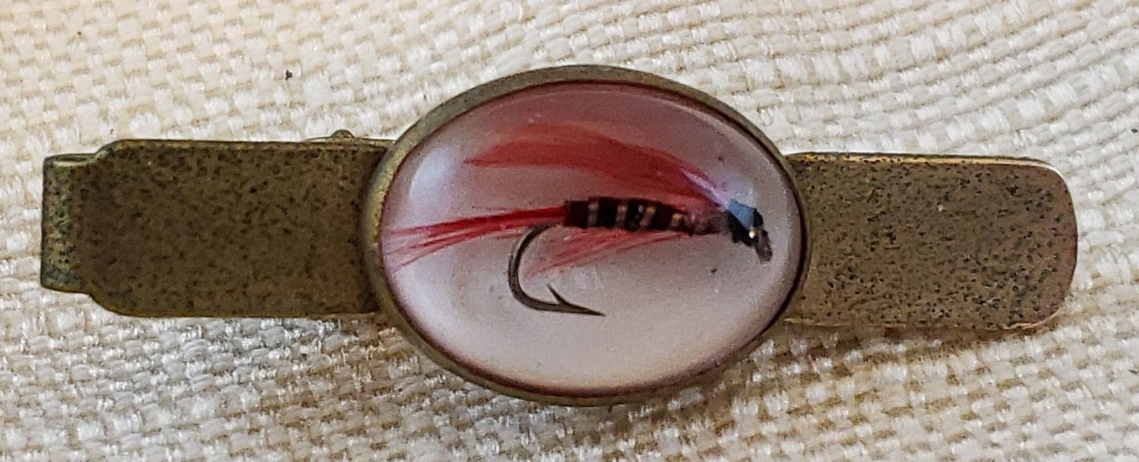 Vintage Unsigned Fly-Fishing Gold Tone Metal Tie Bar and Cufflinks Original Box