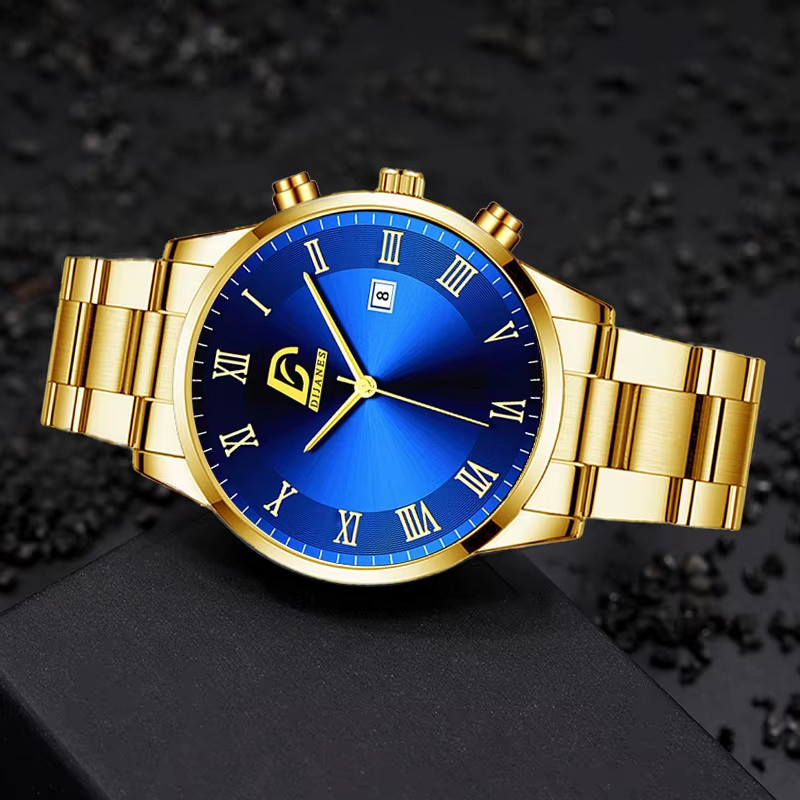Luxury Minimalist Men’s Gold Stainless Steel Quartz Watch with Calendar