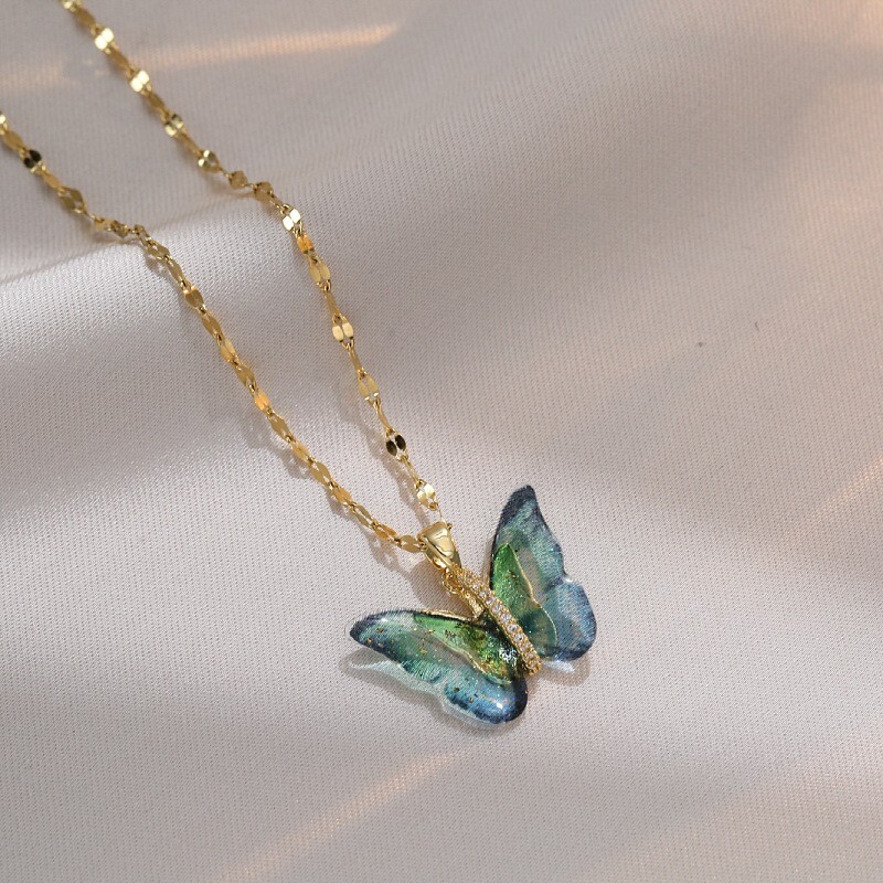 Colored Stone Butterfly Pendant Necklace in Stainless Steel