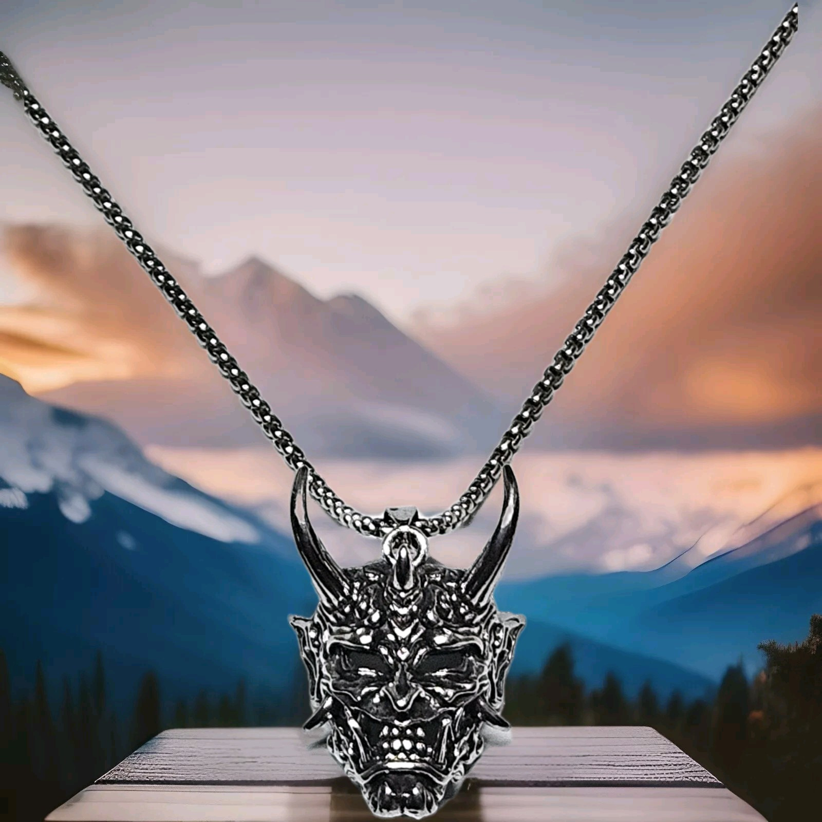 Men’s Stainless Steel Evil Demon Skull Pendant Box Chain Punk Necklace 5-1