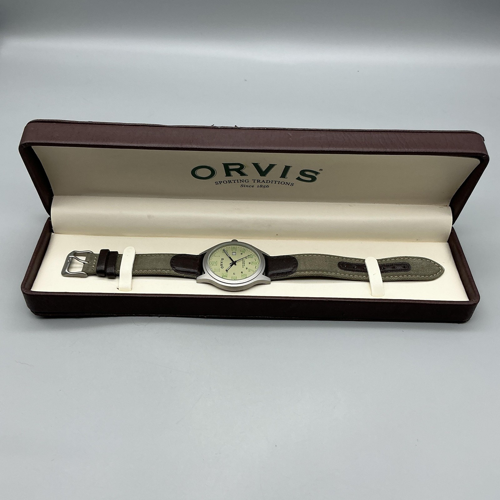 Orvis M364 Mens Watch 42mm Cream Dial Brown Green Canvas Leather Date Quartz