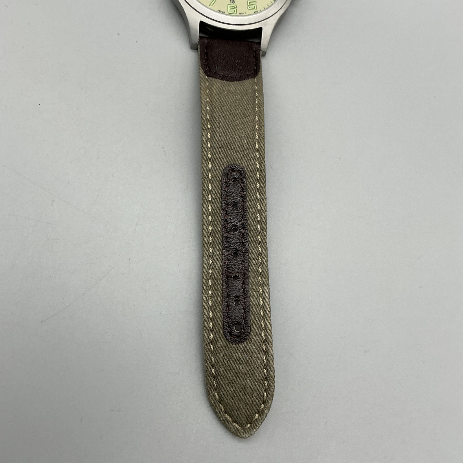 Orvis M364 Mens Watch 42mm Cream Dial Brown Green Canvas Leather Date Quartz