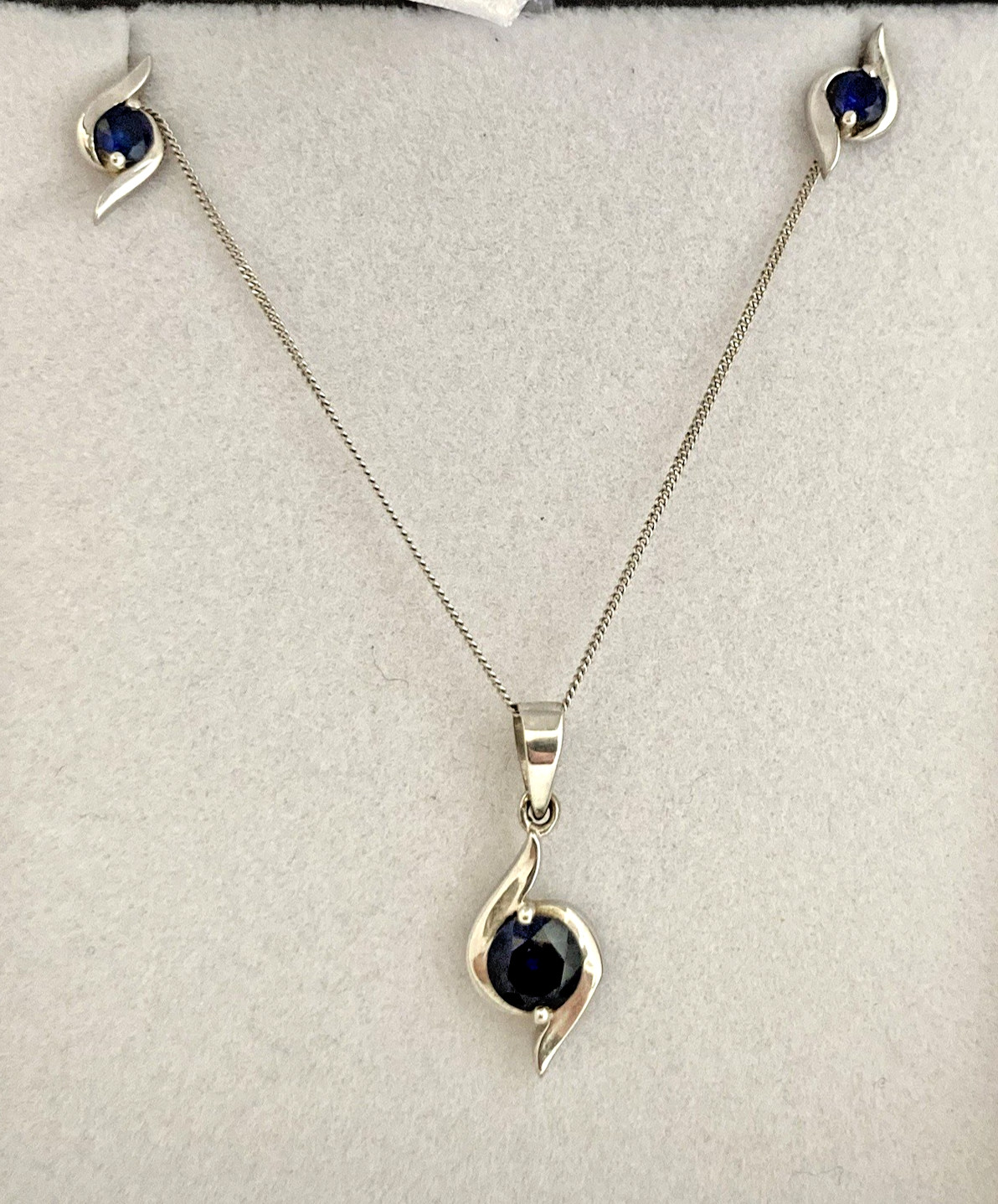 9ct White Gold Sapphire Pendant , Chain With Matching Earrings 9 Carat