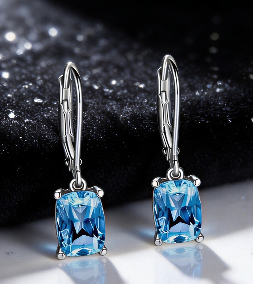 Giant Square Sea Blue Crystal Hanging Fashion Silver Plated Dangle Earrings