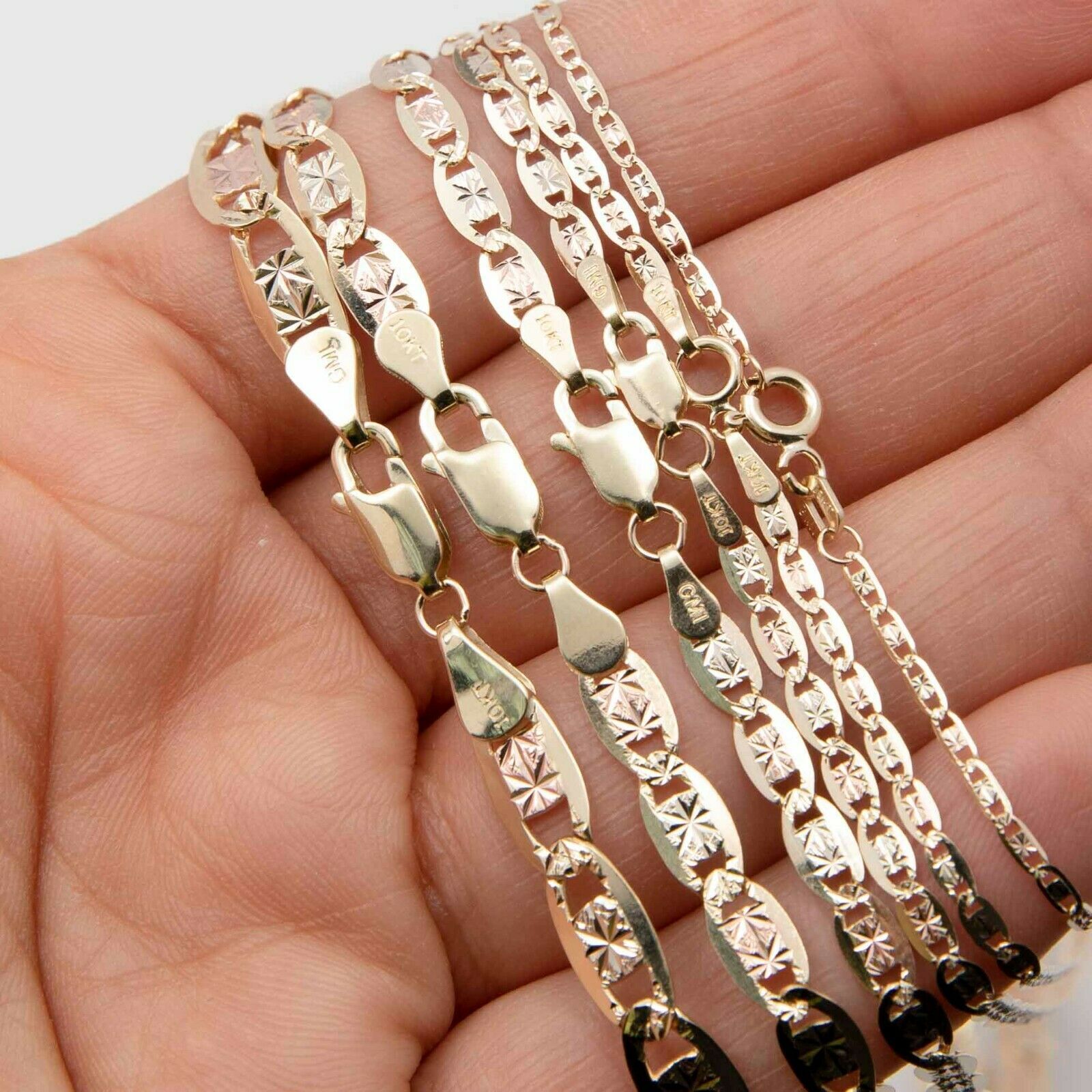 Textured Valentino Link Chain Necklace Real 10K Tri-Color Gold All Sizes