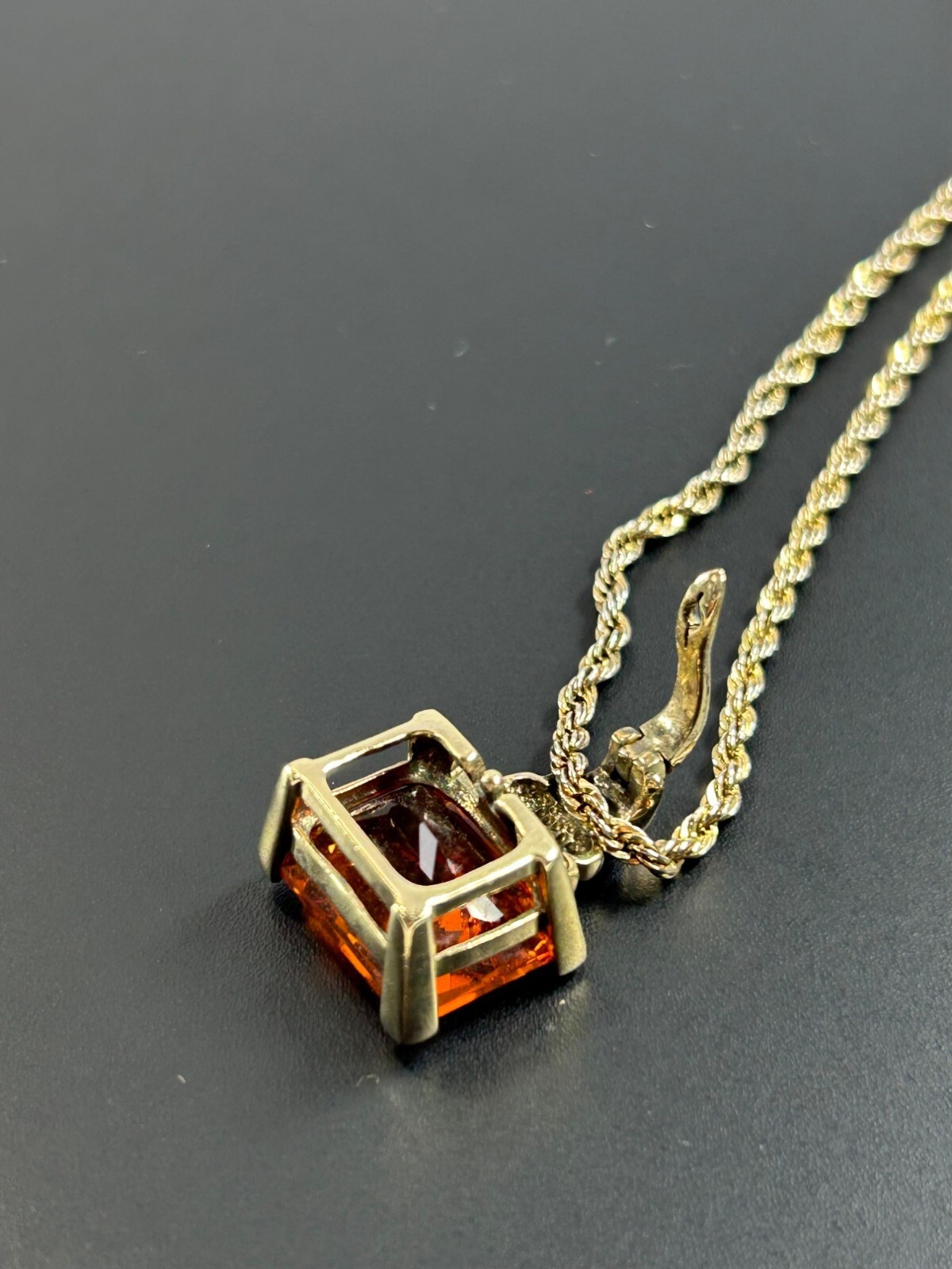 925 Sterling Silver Gold Vermeil Chain Necklace Orange Glass Pendant Statement