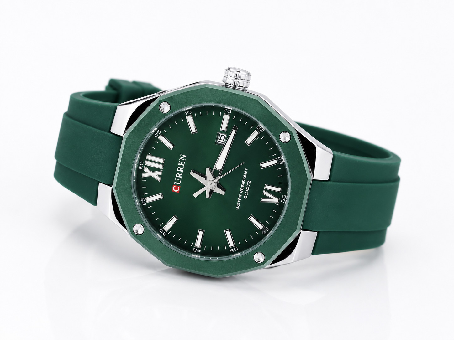 CURREN Men’s Quartz Watch Blue Green Silicone Strap 3ATM Waterproof Date Analog