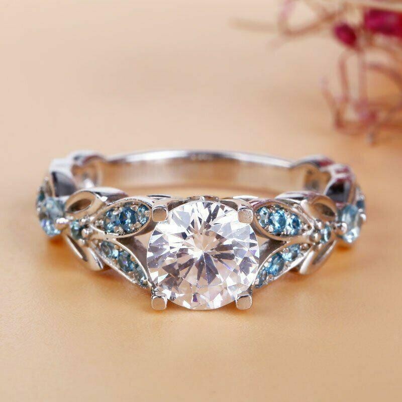 2Ct Round Simulated Diamond Leaf Beautiful Engagement Ring 14k White Gold Plated