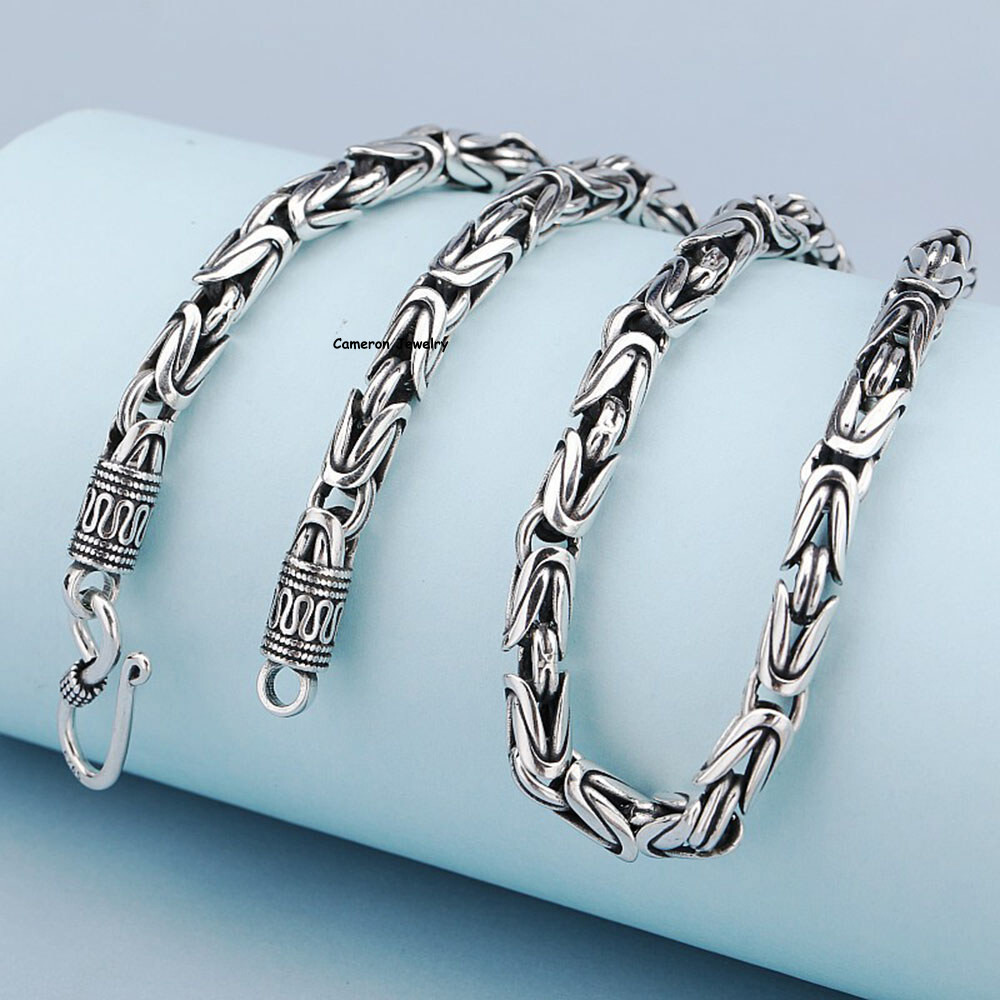 Pure S925 Sterling Silver Chain Men Women 4-7mm Byzantine Link Necklace 18-30in