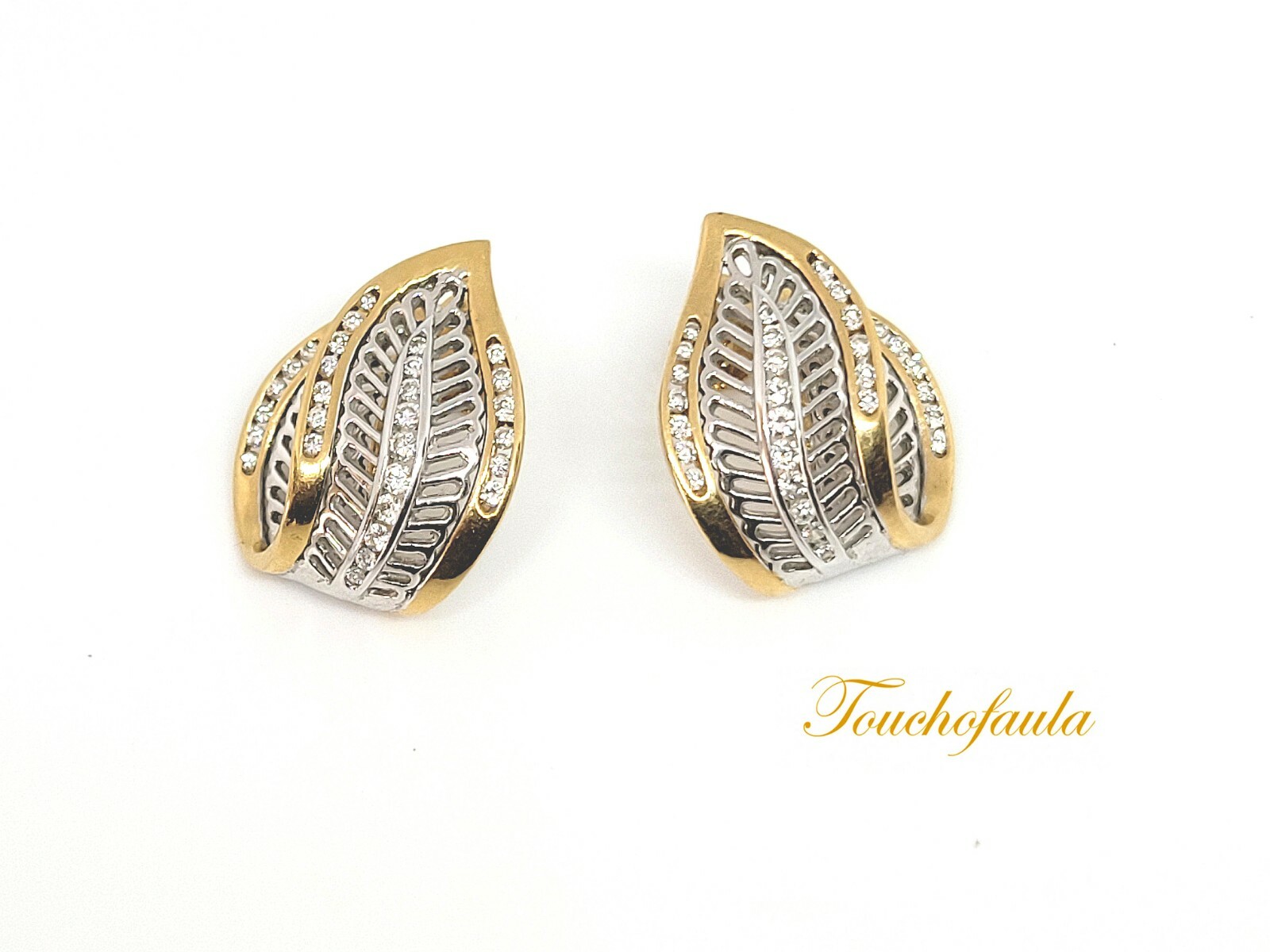 18K TWO TONE GOLD FOLDED LEAF EARRINGS WITH DIAMONDS NONE PIERCED SCREW ON.