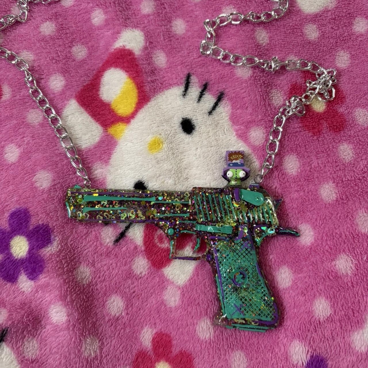 Handmade glitter gun charm pendant necklace green purple with little gir charm