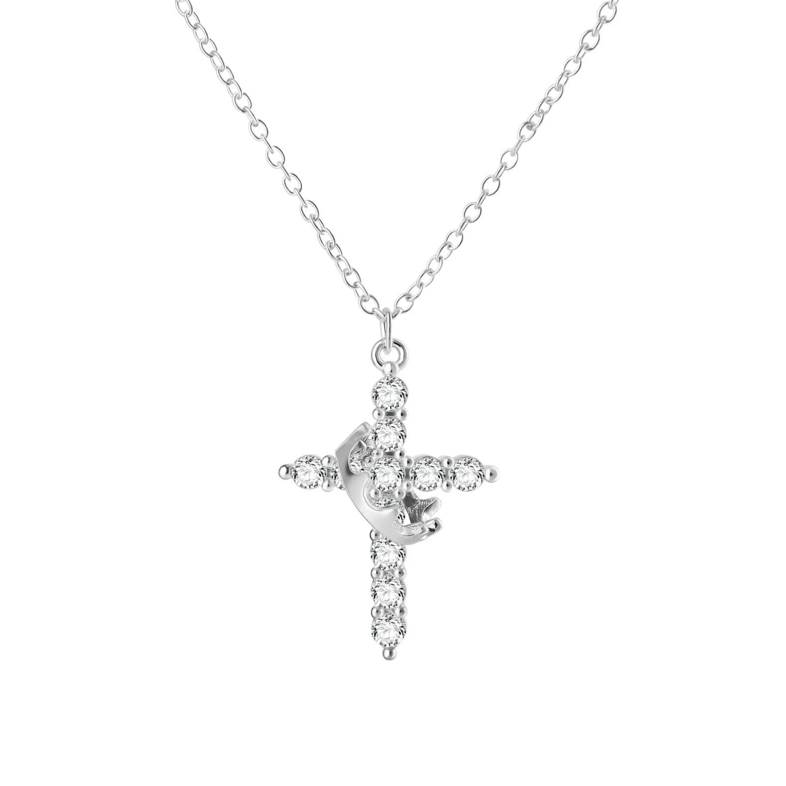 Elegant White Gold Rotatable Crown Cross Necklace Sparkly Diamond Pendant Gift