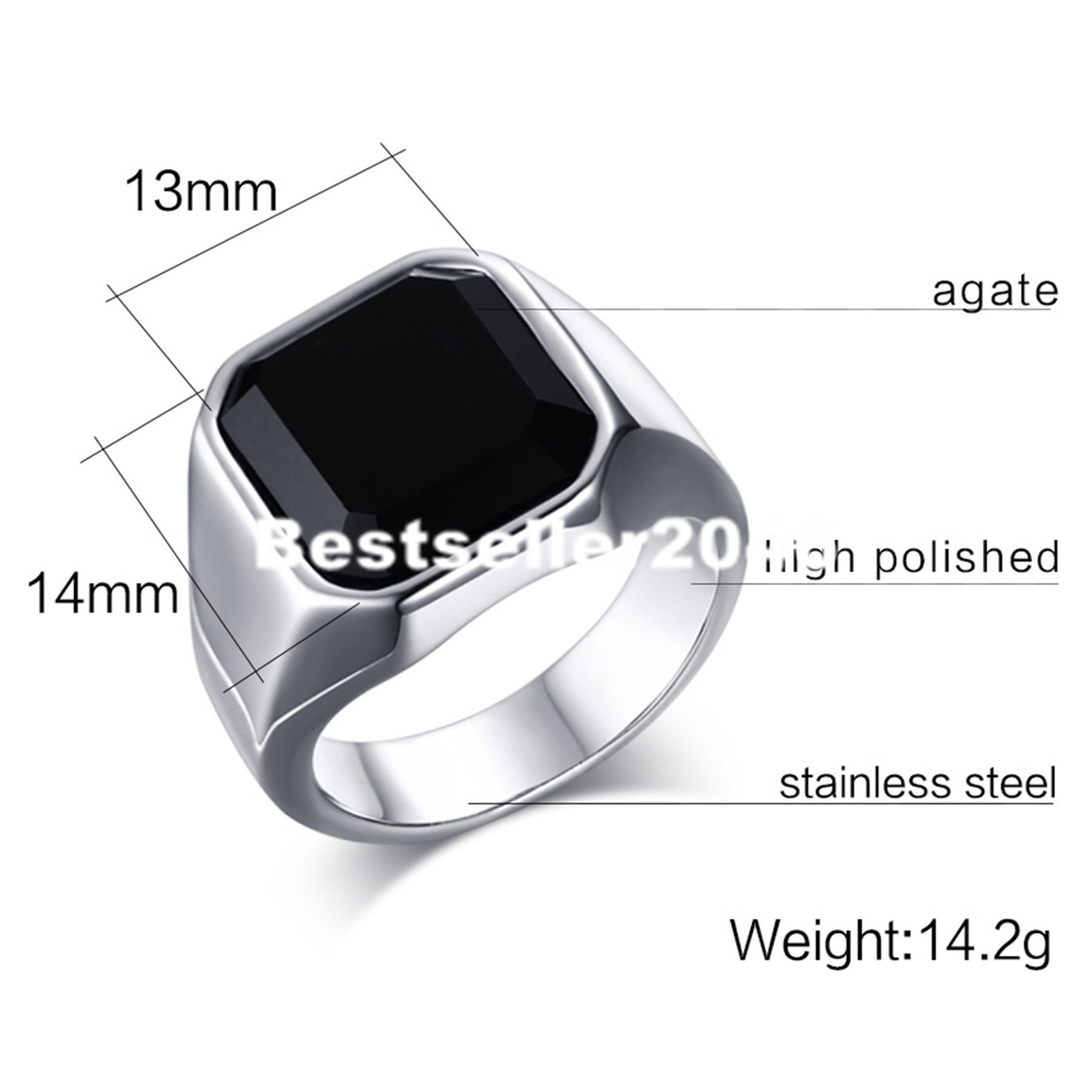 Men’s Stainless Steel Black Glass Signet Promise Ring Wedding Band Size 7-13
