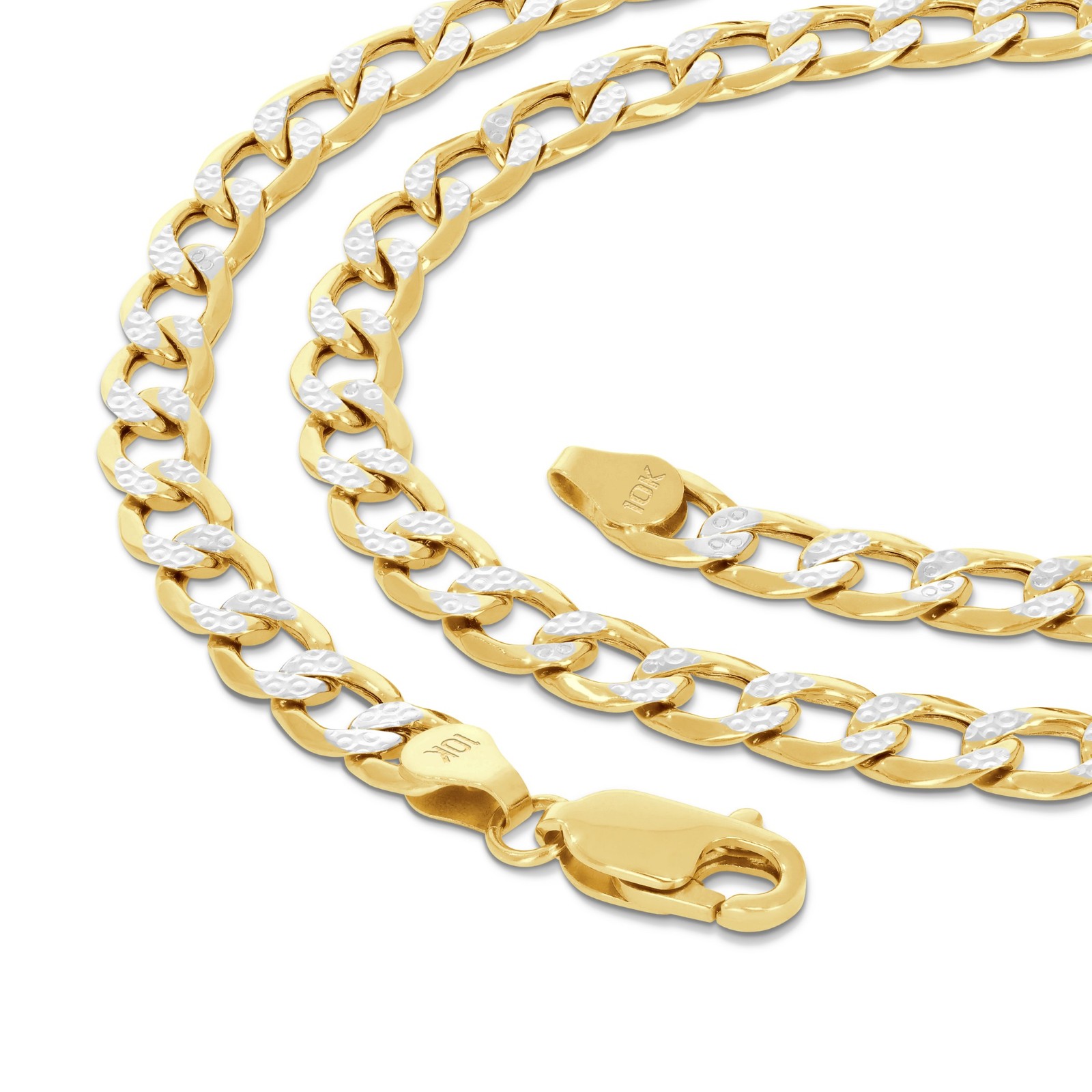 10K Yellow Gold 2mm-7.5mm Diamond Cut White Pave Cuban Chain Necklace 16″- 30″