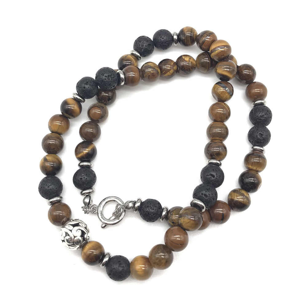 Men’s 8mm Natural Tiger Eye Lava Bead Necklace Stainless Steel Toggle 18/20/24″