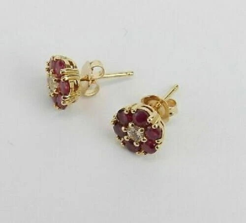 Round Cut Simulated Red Ruby 1.50Ct Flower Stud Earrings 14K Yellow Gold Plated
