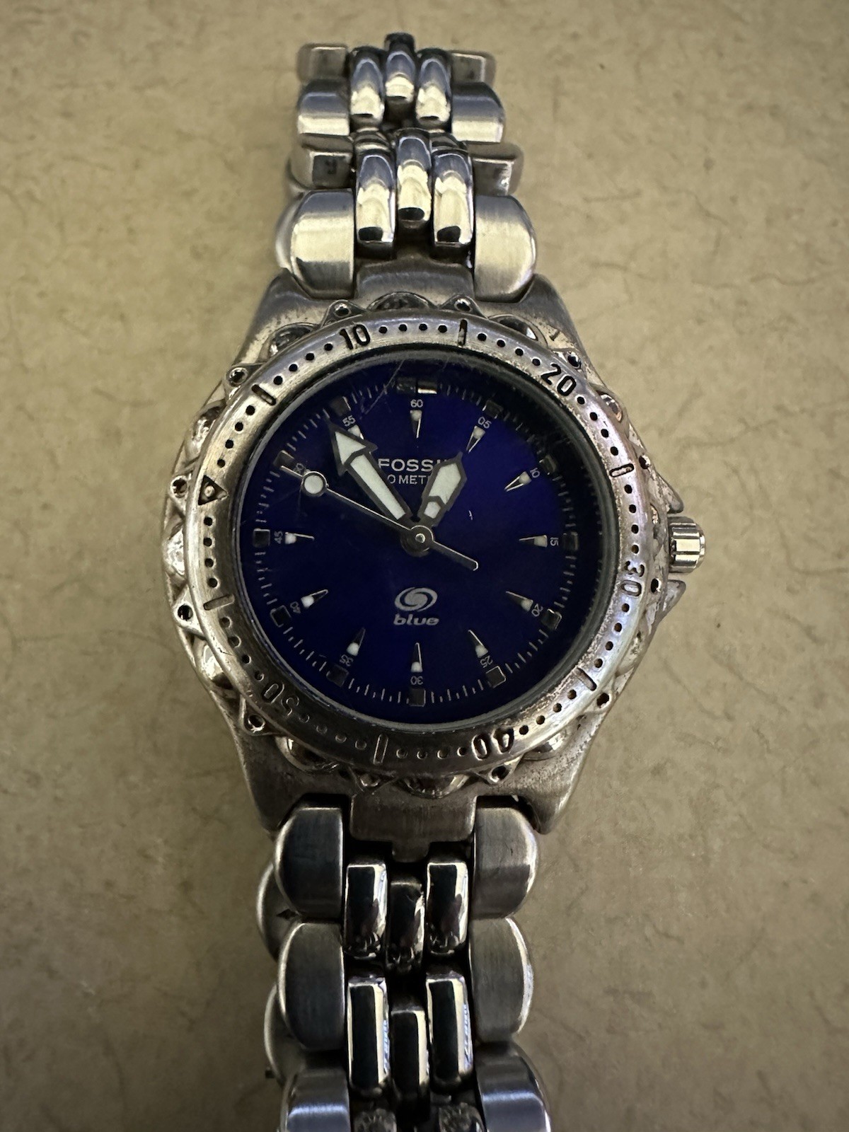 USED Fossil Blue AM-3099 Ladies Watch – Blue Dial, Stainless Steel, Box & Manual